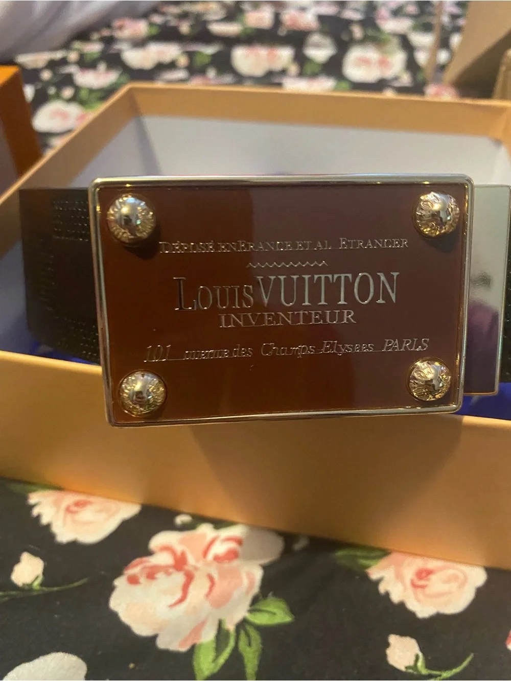 Louis Vuitton Black Leather Belt with Gold Plaque on Brown Buckle